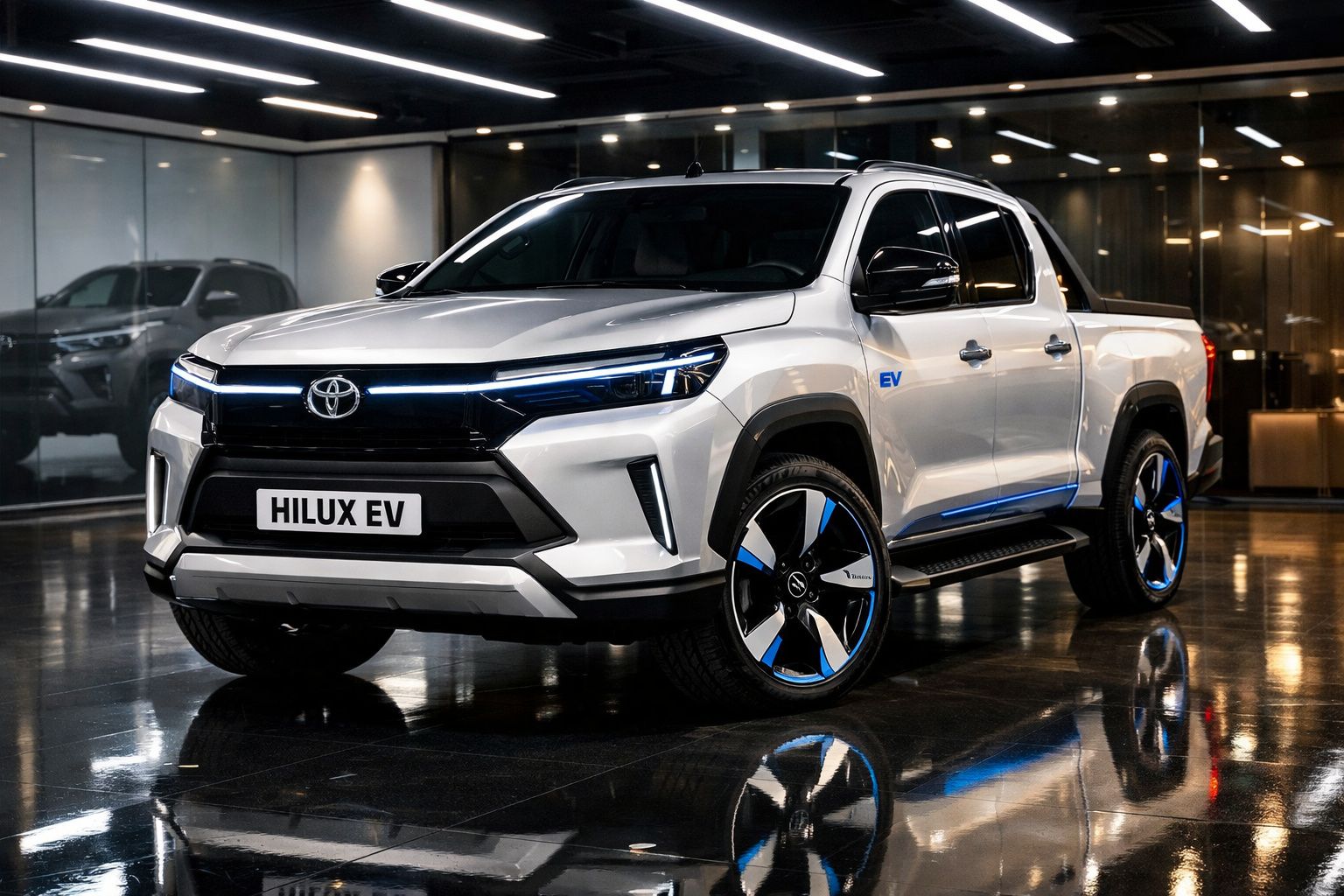Pick-up Toyota Hilux EV branca com detalhes azuis estacionada em piso brilhante no interior.