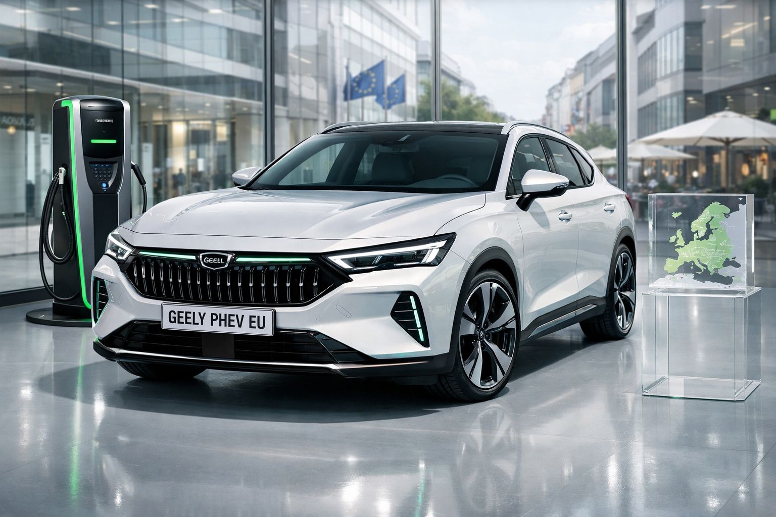 Carro elétrico branco da Geely estacionado numa infraestrutura de carregamento numa cidade moderna.