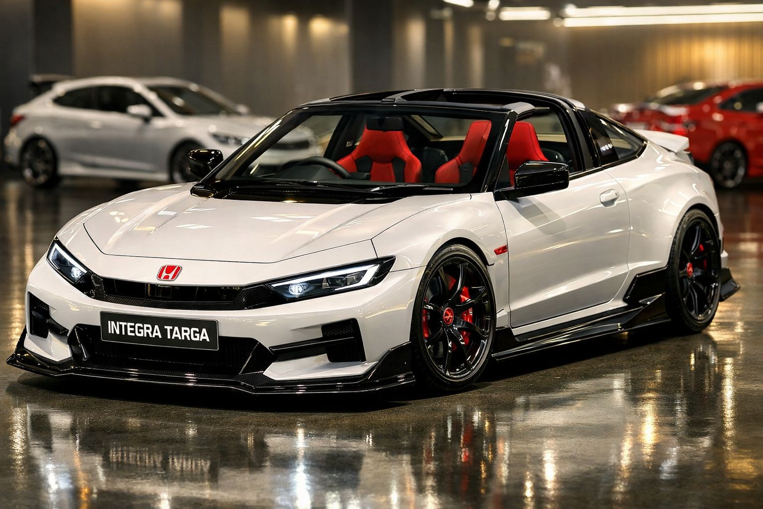 Honda Integra Targa branco com interior desportivo vermelho em exposição num salão automóvel.