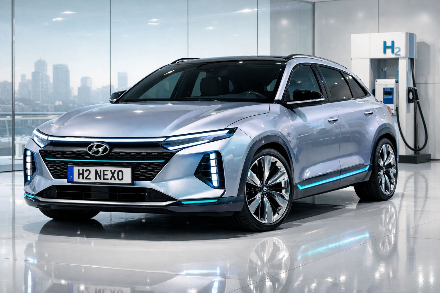 Carro Hyundai Nexo prateado estacionado em posto de abastecimento de hidrogénio H2 em ambiente moderno interior.