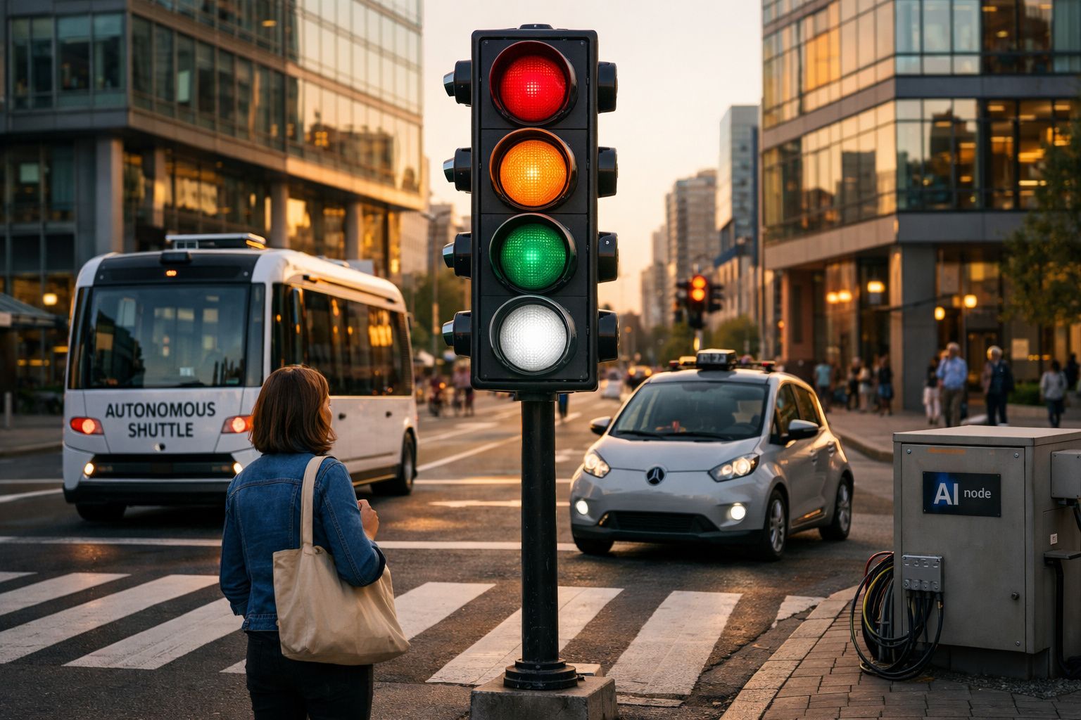 Semáforo com luz vermelha ligada, peão à espera para atravessar, autocarro autónomo e carro numa cidade moderna.