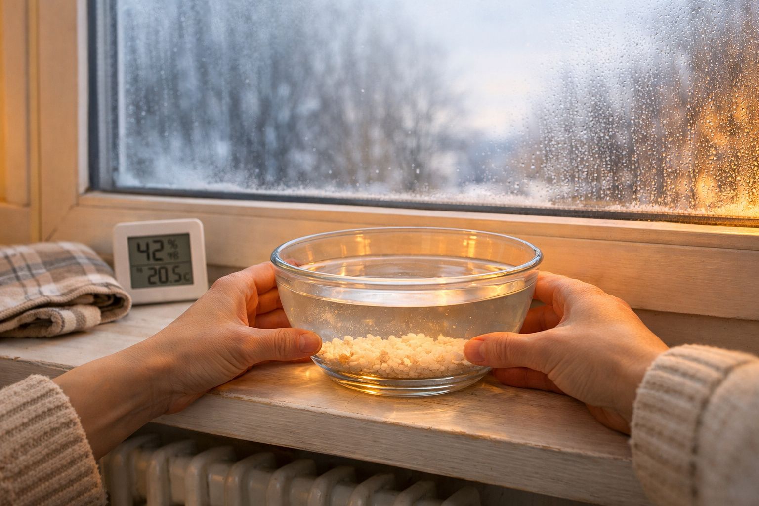 Mãos seguram uma tigela de vidro com sal para absorver humidade numa janela embaciada num dia frio.
