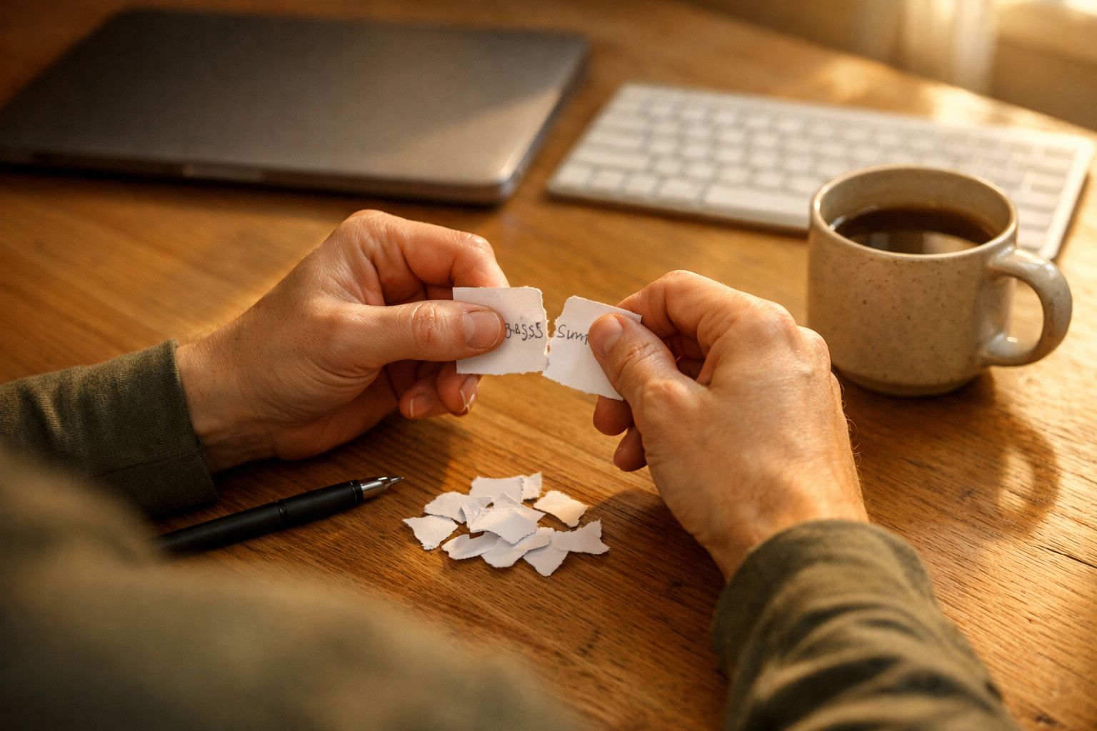 Mãos a rasgar um papel com palavras escritas, teclado, caneta e chávena de café sobre a mesa de madeira.
