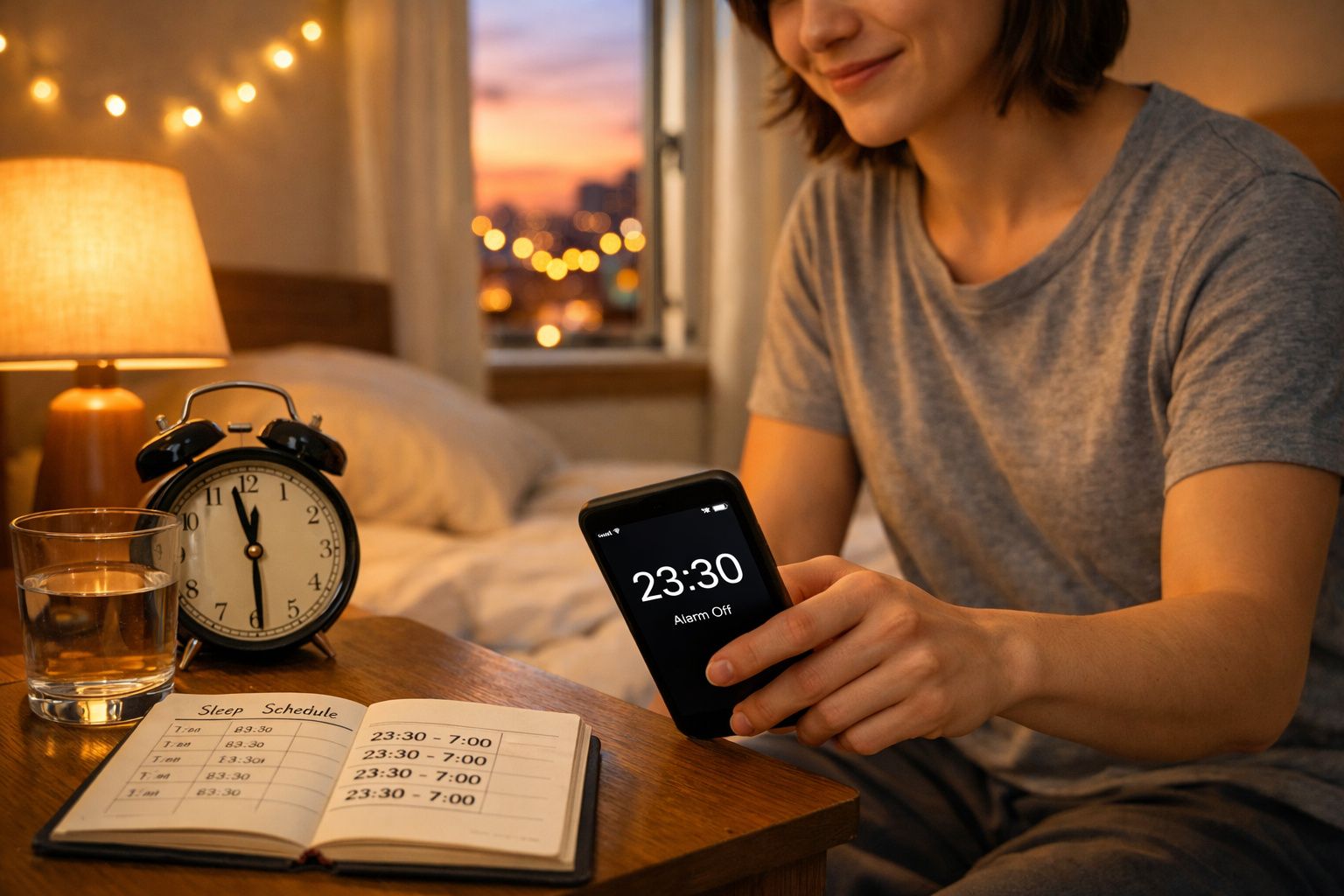 Pessoa sentada na cama, a olhar para o telemóvel com o alarme desligado às 23:30, junto a um relógio despertador.