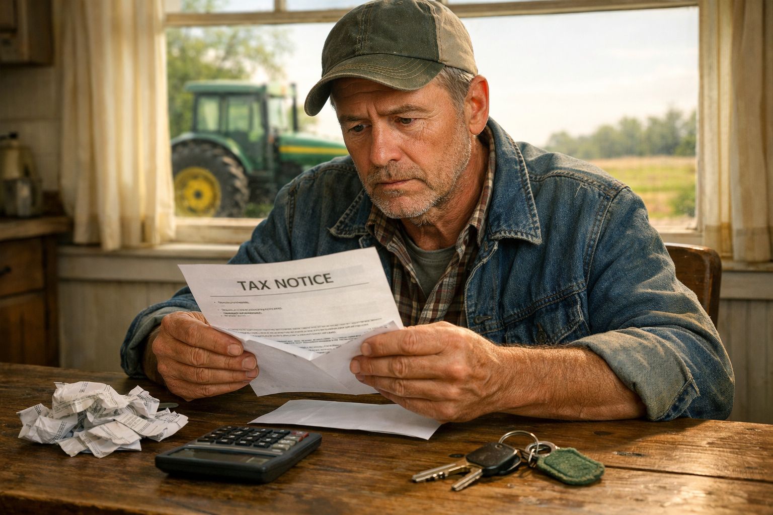 Homem preocupado a ler uma notificação de imposto numa mesa com calculadora, papéis amassados e chaves.