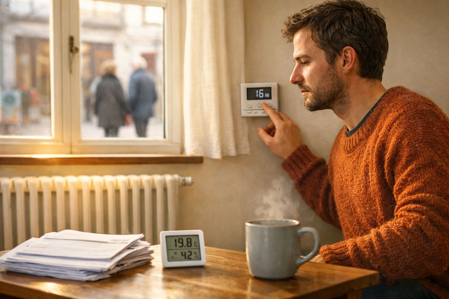 Homem ajusta termostato numa sala com aquecedor, bebida quente e medidor de temperatura e humidade.
