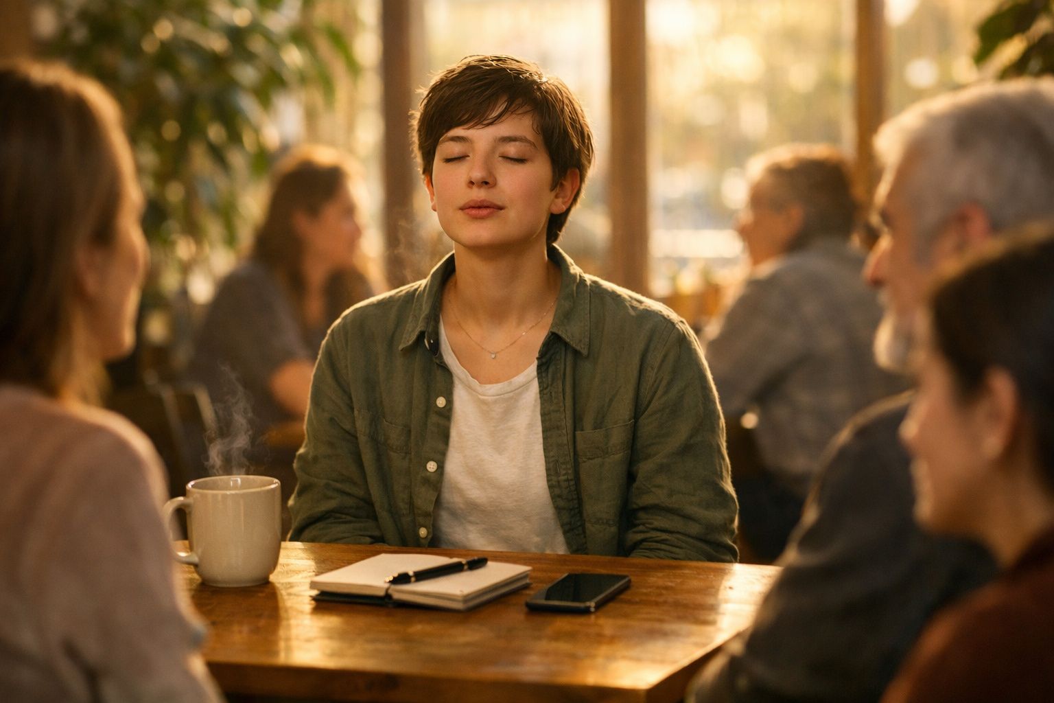 Pessoa com olhos fechados sentada à mesa com caderno, caneta, telemóvel e chá quente numa cafetaria.