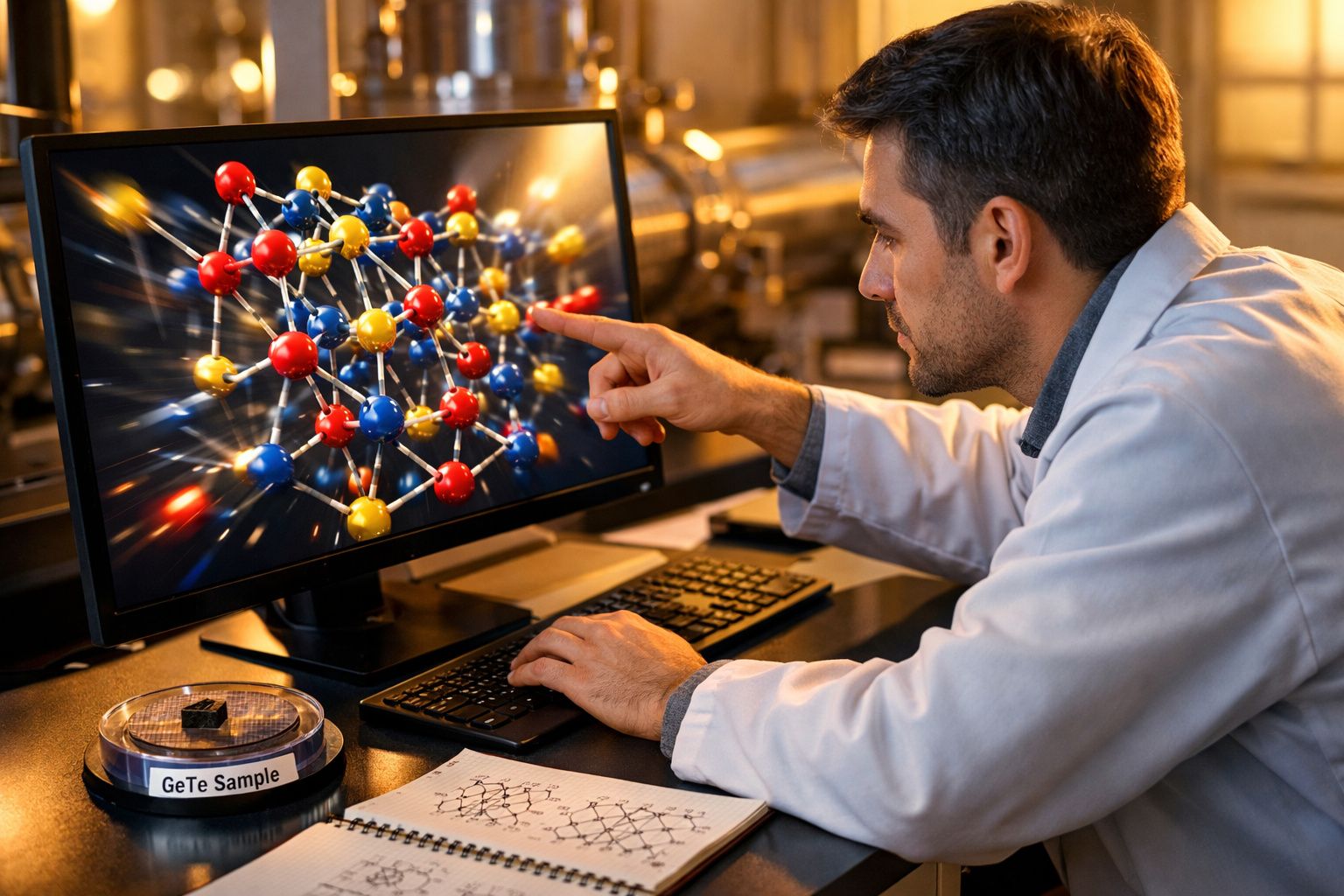 Cientista a analisar modelo molecular colorido num ecrã de computador num laboratório moderno.