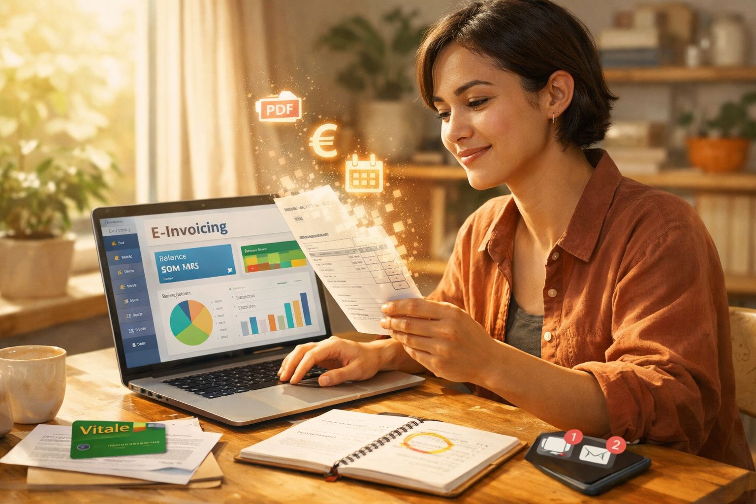 Mulher a organizar faturas electrónicas num ambiente doméstico com gráficos e ícones digitais visíveis.