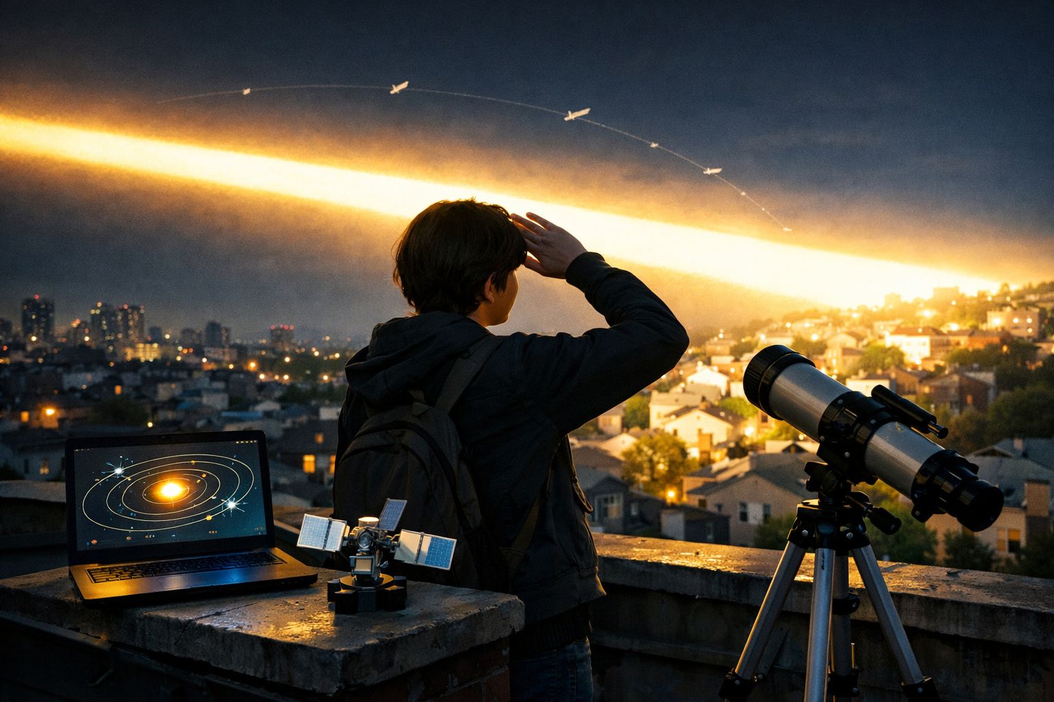 Pessoa a observar o céu noturno numa cidade, com telescópio e modelo do sistema solar numa mesa.