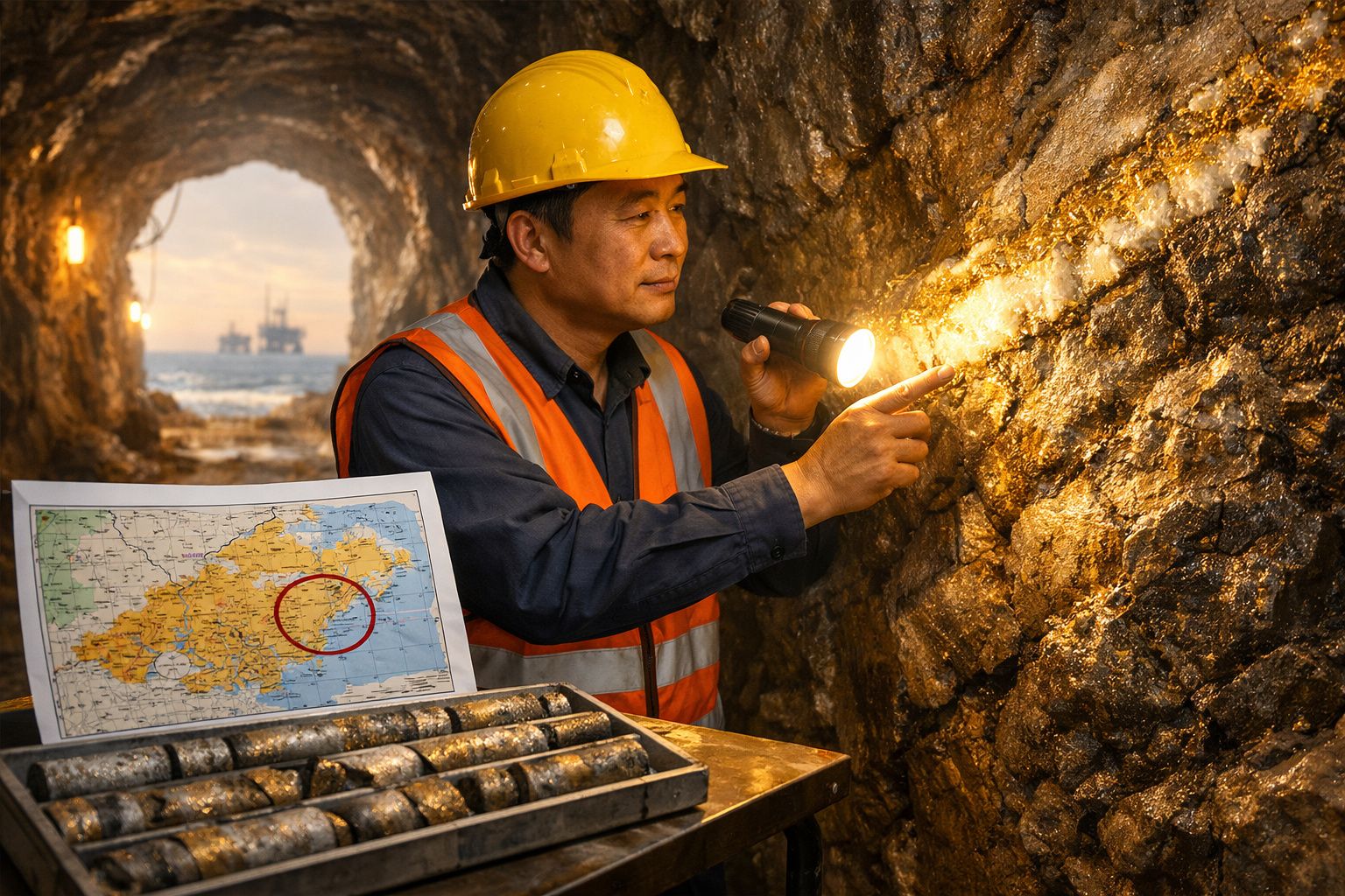 Geólogo vestindo capacete e colete, examina parede de mina com lanterna, mapa e amostras de minerais ao lado.