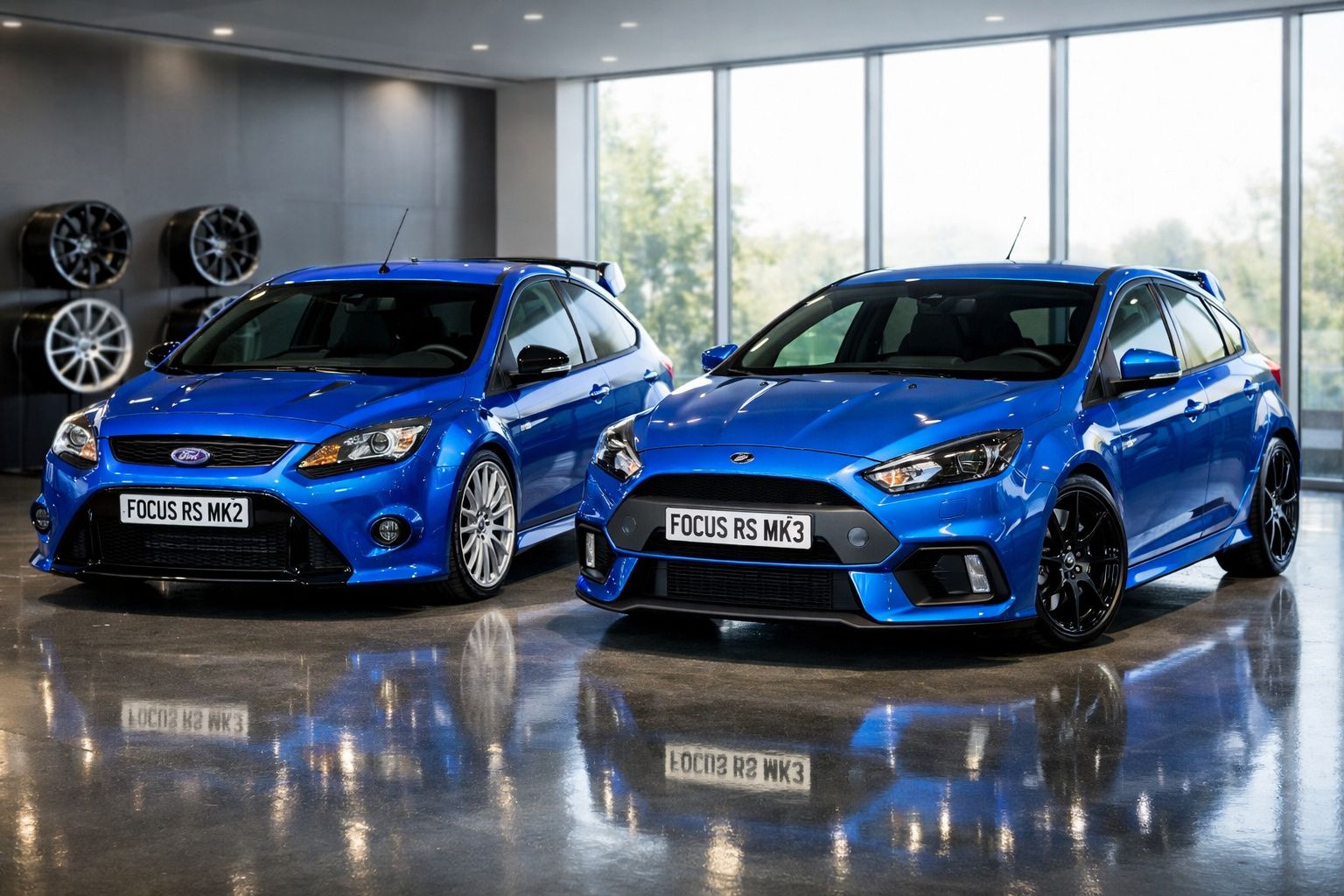 Dois carros Ford Focus RS azuis, modelos MK2 e MK3, em exposição num espaço interior com chão refletor.