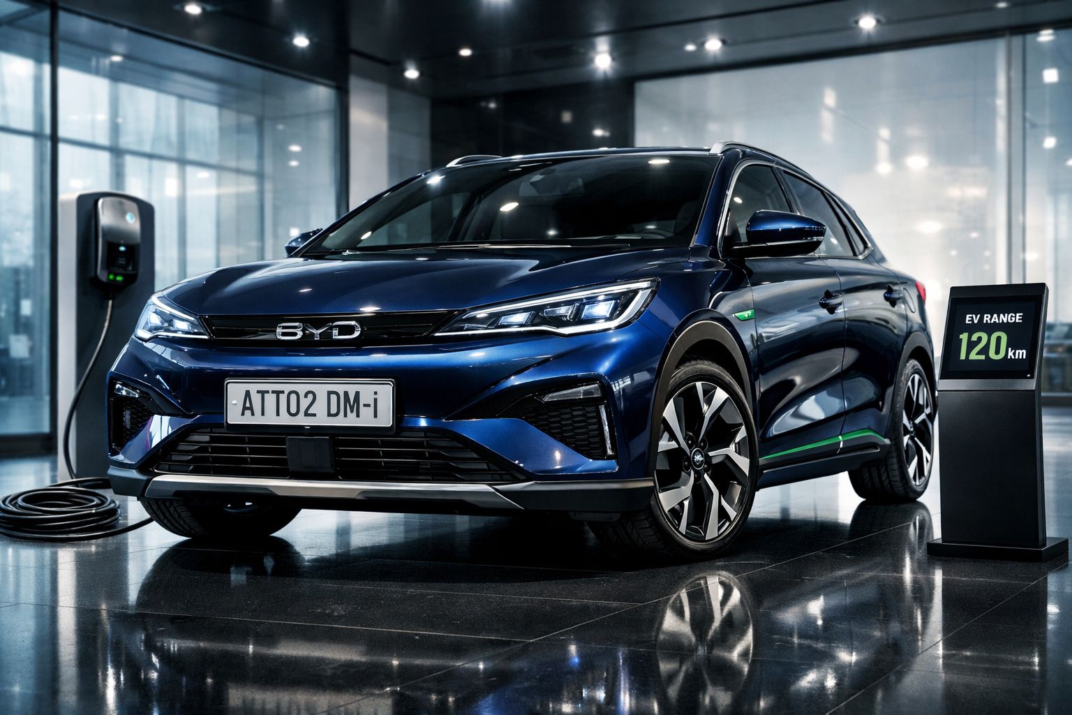 Carro elétrico BYD azul carregando numa estação, com indicador de autonomia de 120 km.