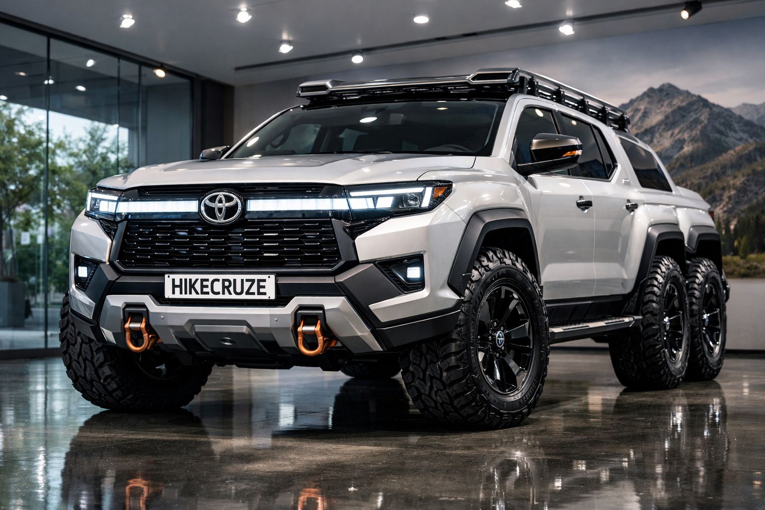 Pick-up Toyota branca 6x6 com tração reforçada e gancho de reboque, exibida em showroom moderno.