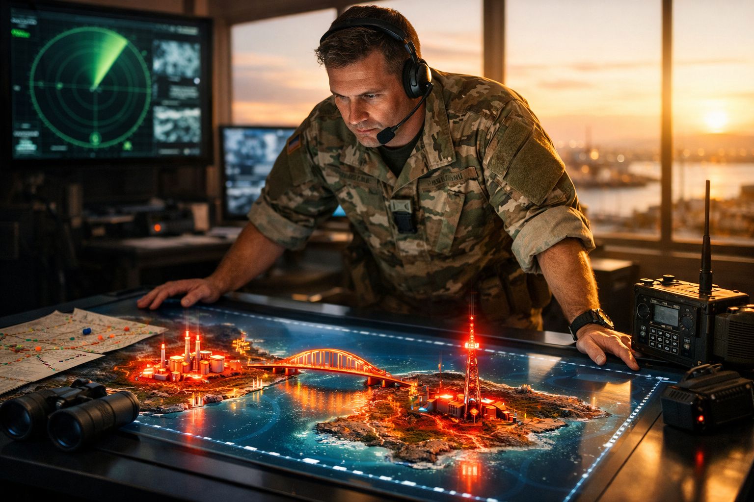 Militar em uniforme com headset analisa modelo tridimensional iluminado de cidade numa sala de comando.