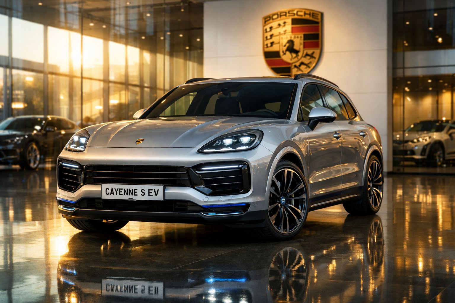 SUV Porsche Cayenne S EV prateado estacionado em piso refletivo dentro de showroom iluminado.