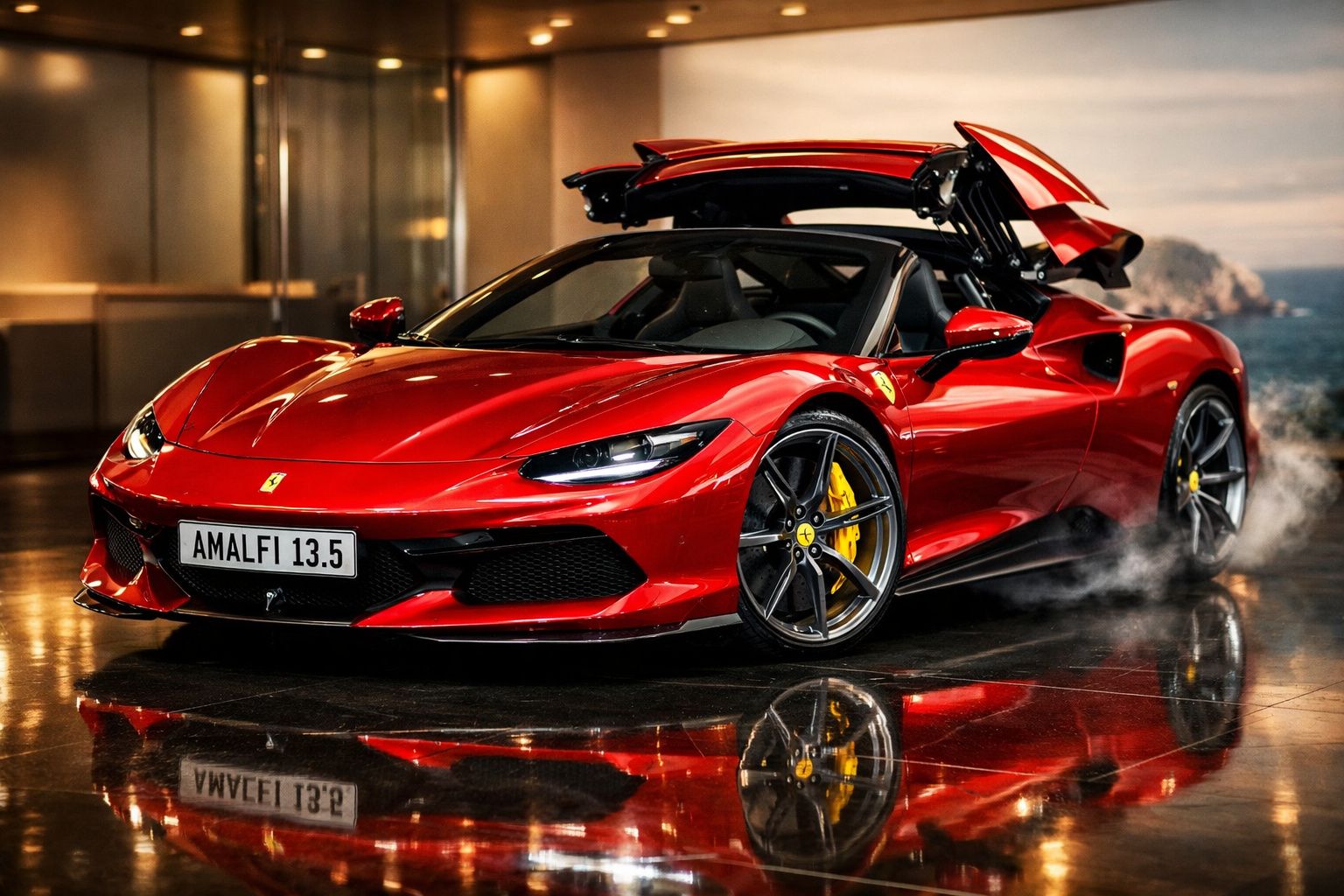 Carro desportivo vermelho com portas abertas em estilo asa de gaivota, refletido no chão brilhante.