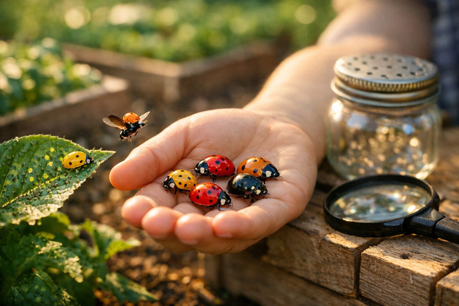 Mão com várias joaninhas coloridas, uma voando e lupa sobre madeira num ambiente natural.