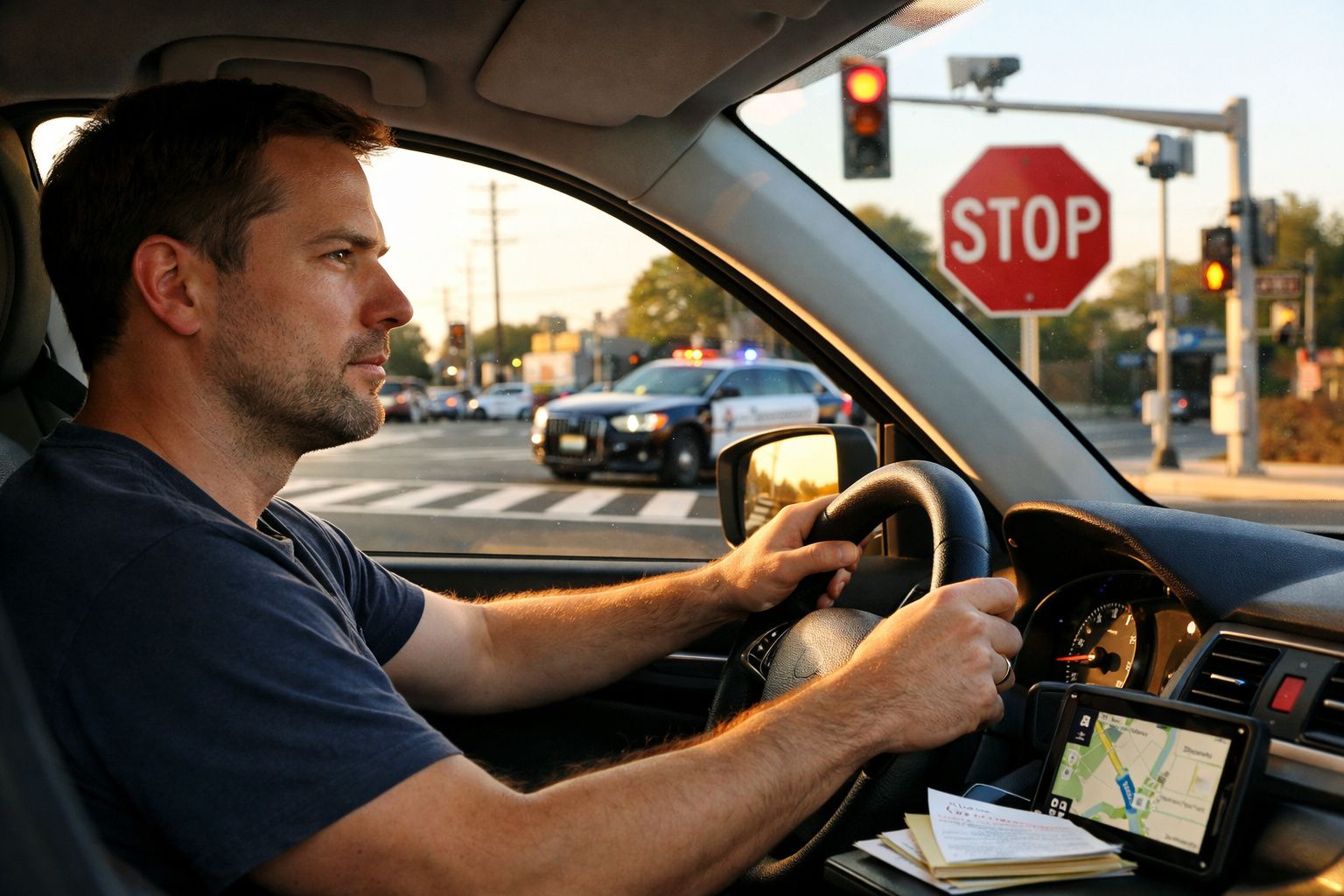 Homem concentrado a conduzir carro parado num sinal vermelho com polícia ao fundo e placa de STOP.