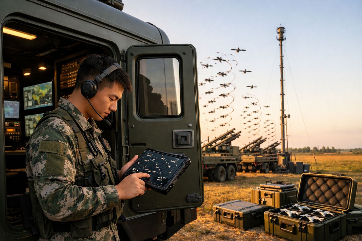 Militar com fones e tablet controla esquadrilha de drones no campo junto a veículos e equipamentos militares.