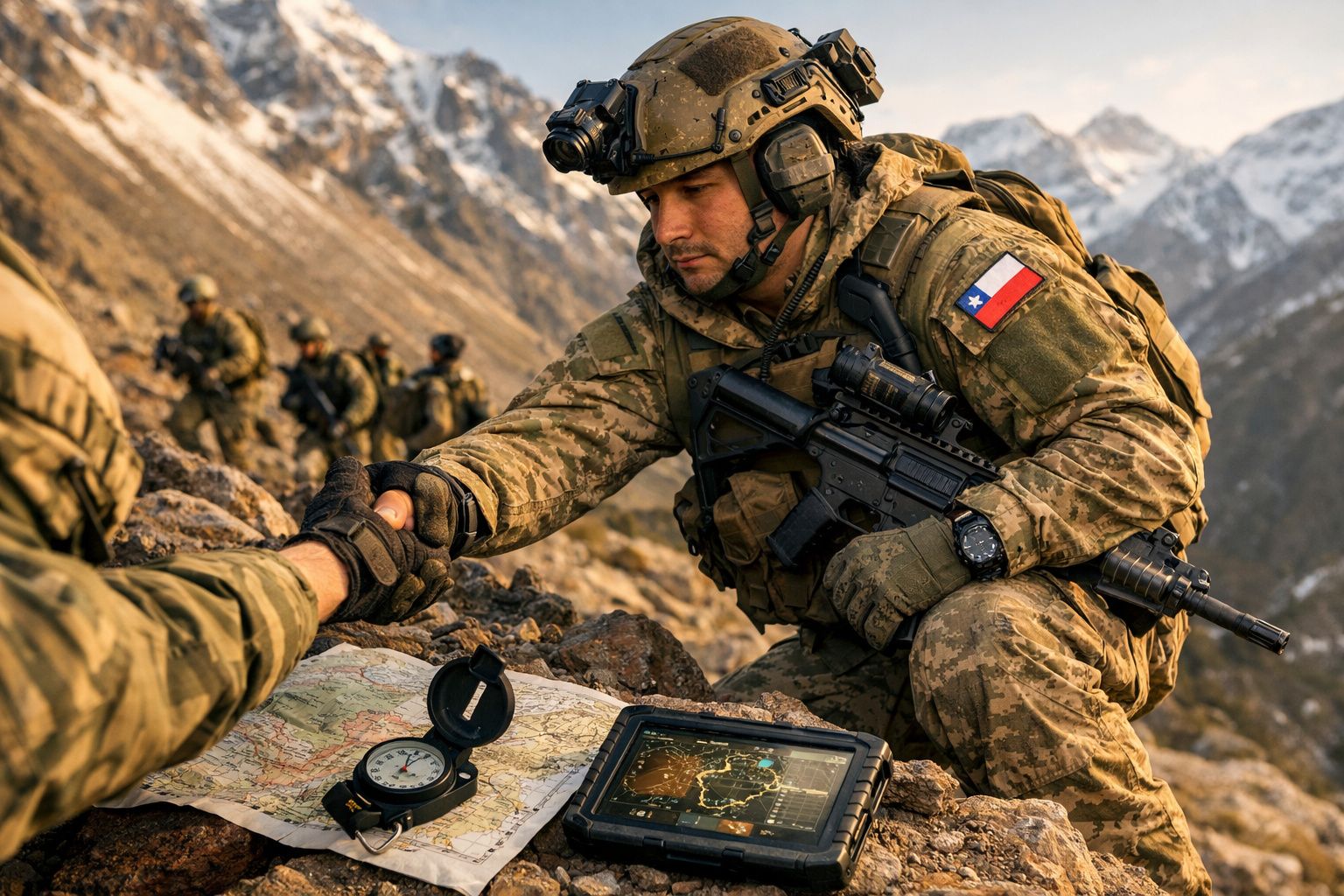 Soldado com roupa camuflada e crachá do Chile cumprimenta colega nas montanhas com mapas e equipamento militar.