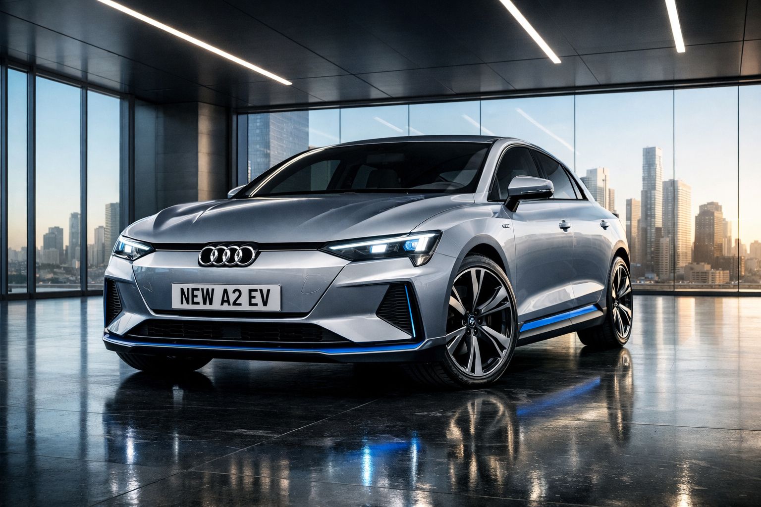 Automóvel elétrico Audi A2 EV cinzento prateado estacionado em espaço interior moderno com janela panorâmica urbana.