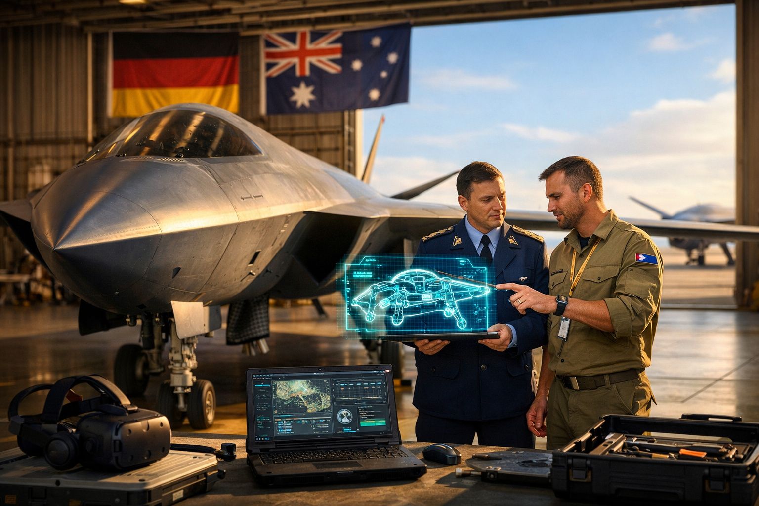 Dois militares analisam um holograma de caça futurista numa base aérea com jato ao fundo e bandeiras da Alemanha e Austrália.