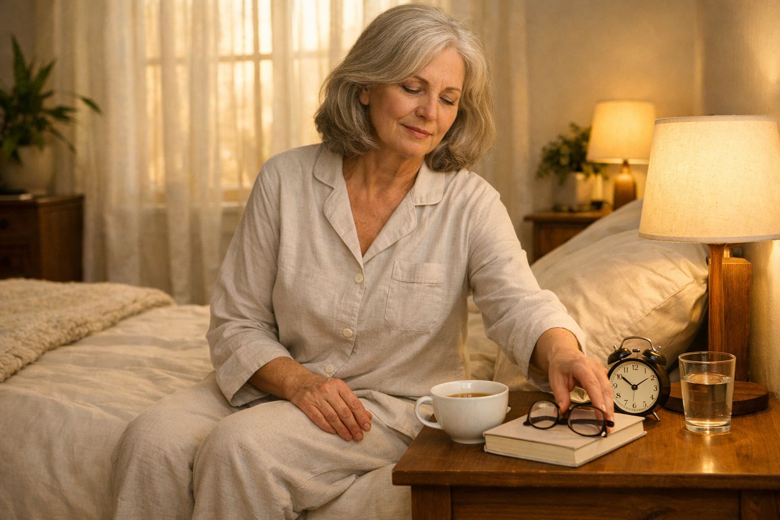 Mulher idosa de pijama sentada na cama a pegar os óculos sobre a mesa de cabeceira com chá, relógio e candeeiro.