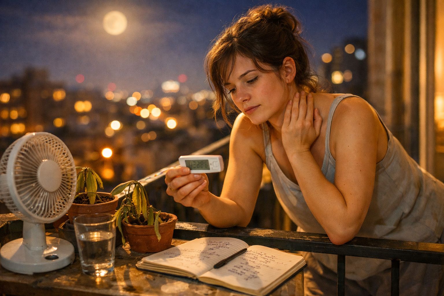 Mulher sentada numa varanda à noite, segurando termómetro com plantas murchas e caderno na frente.