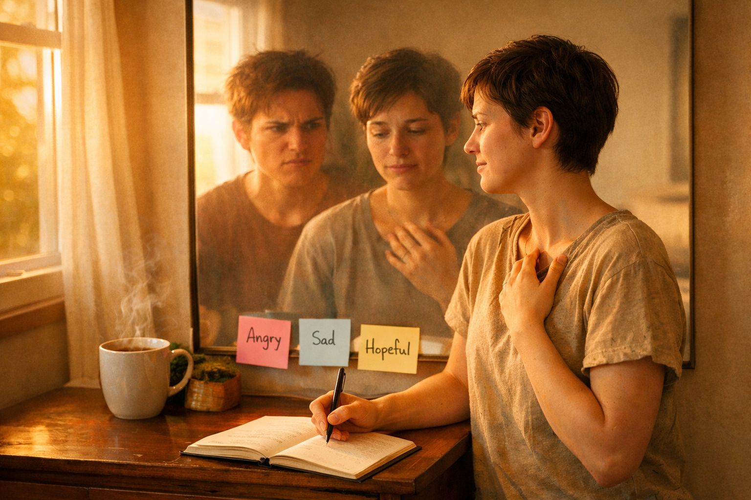 Mulher sentada a escrever num diário, com três post-its no espelho atrás mostrando emoções: zangada, triste e esperançosa.