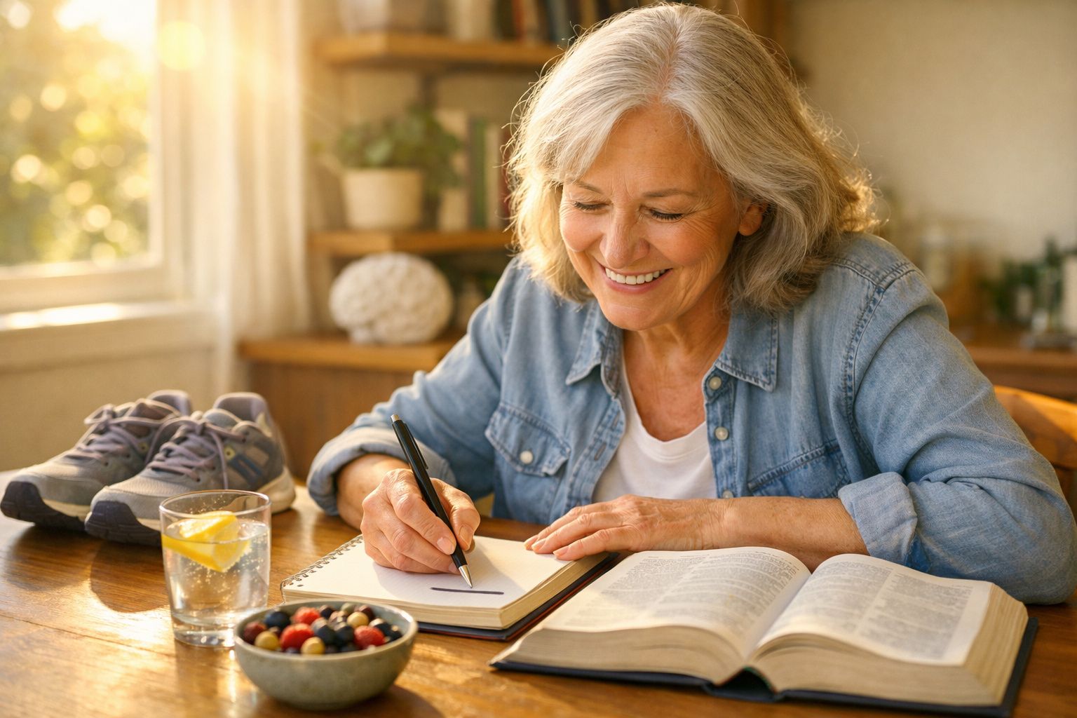 Mulher sénior sorridente a escrever num caderno, com livro aberto, ténis, copo de água com limão e taça de frutos.