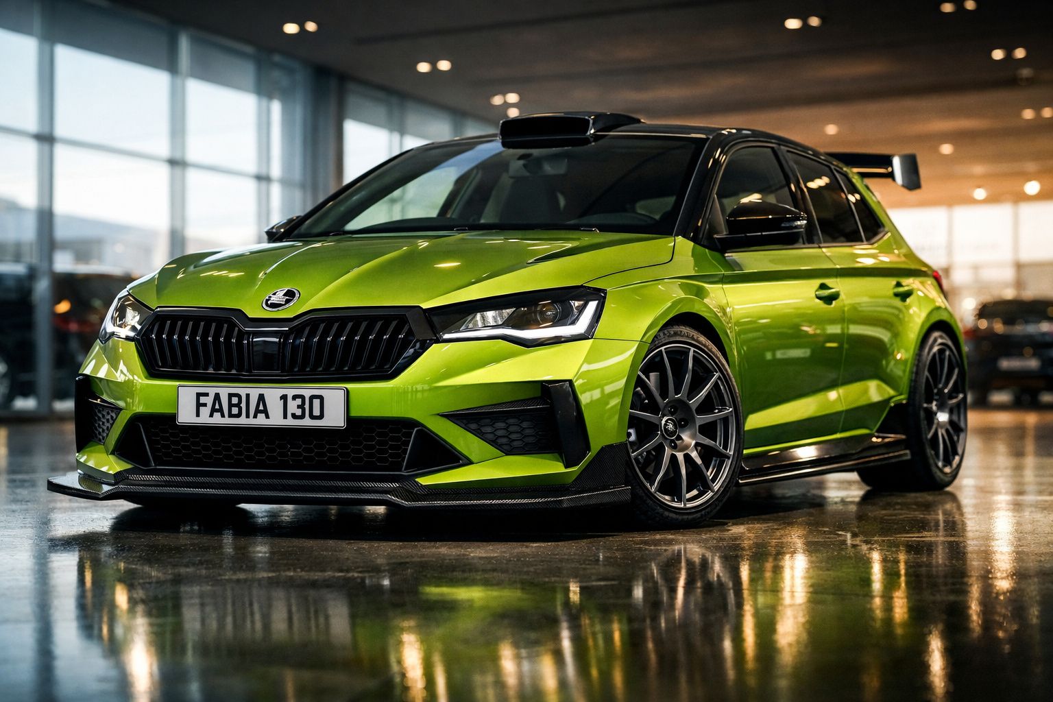 Carro desportivo verde Skoda Fabia 130 estacionado no interior de um salão iluminado.