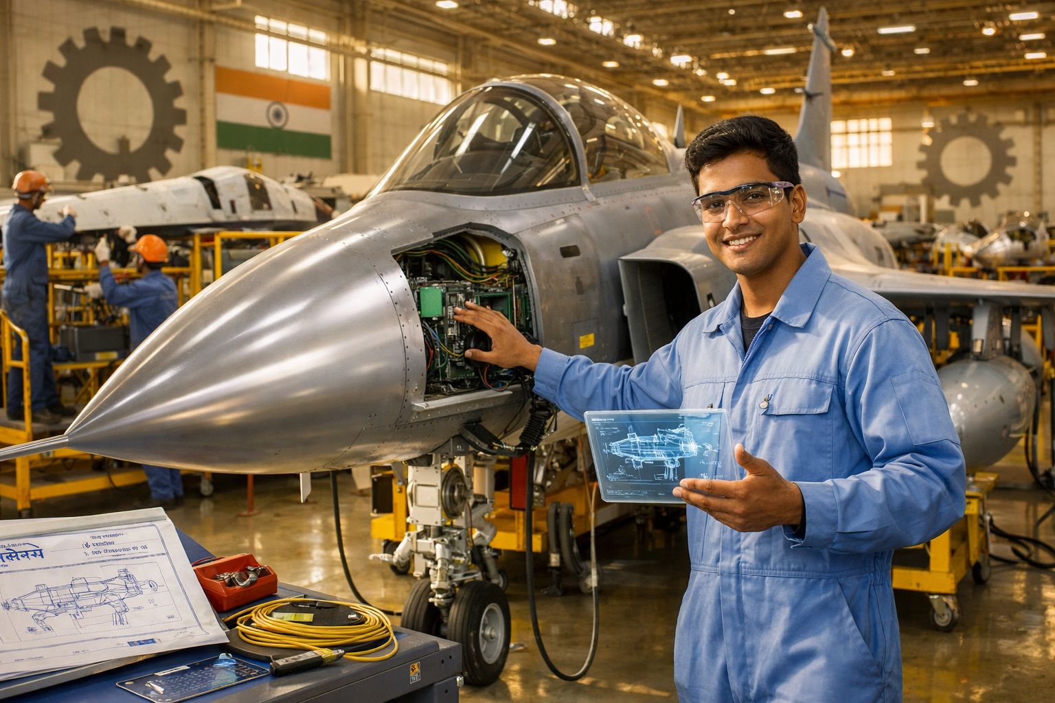 Engenheiro de aeronaves em oficina, inspecionando jato com esquemas técnicos digitais na mão.