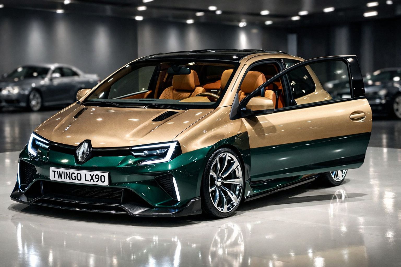 Carro Renault Twingo LX90 bicolor verde e dourado, com porta dianteira aberta, em ambiente interior iluminado.