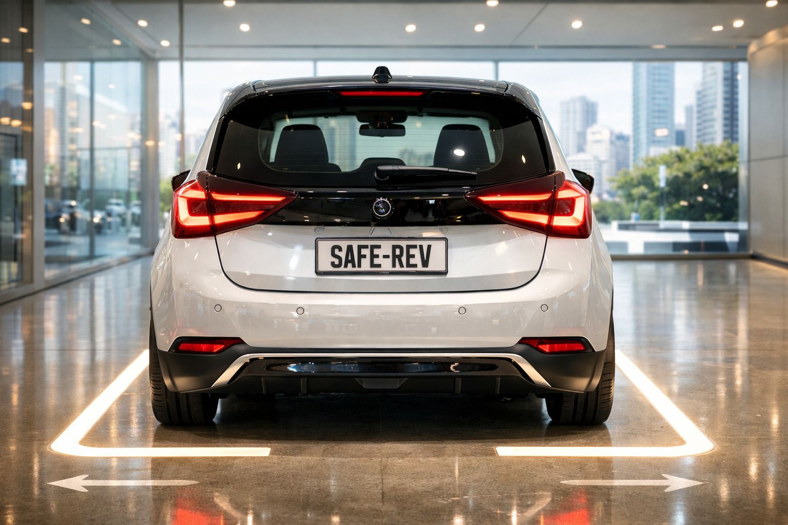 Carro branco estacionado com matrícula SAFE-REV em espaço iluminado dentro de garagem moderna.