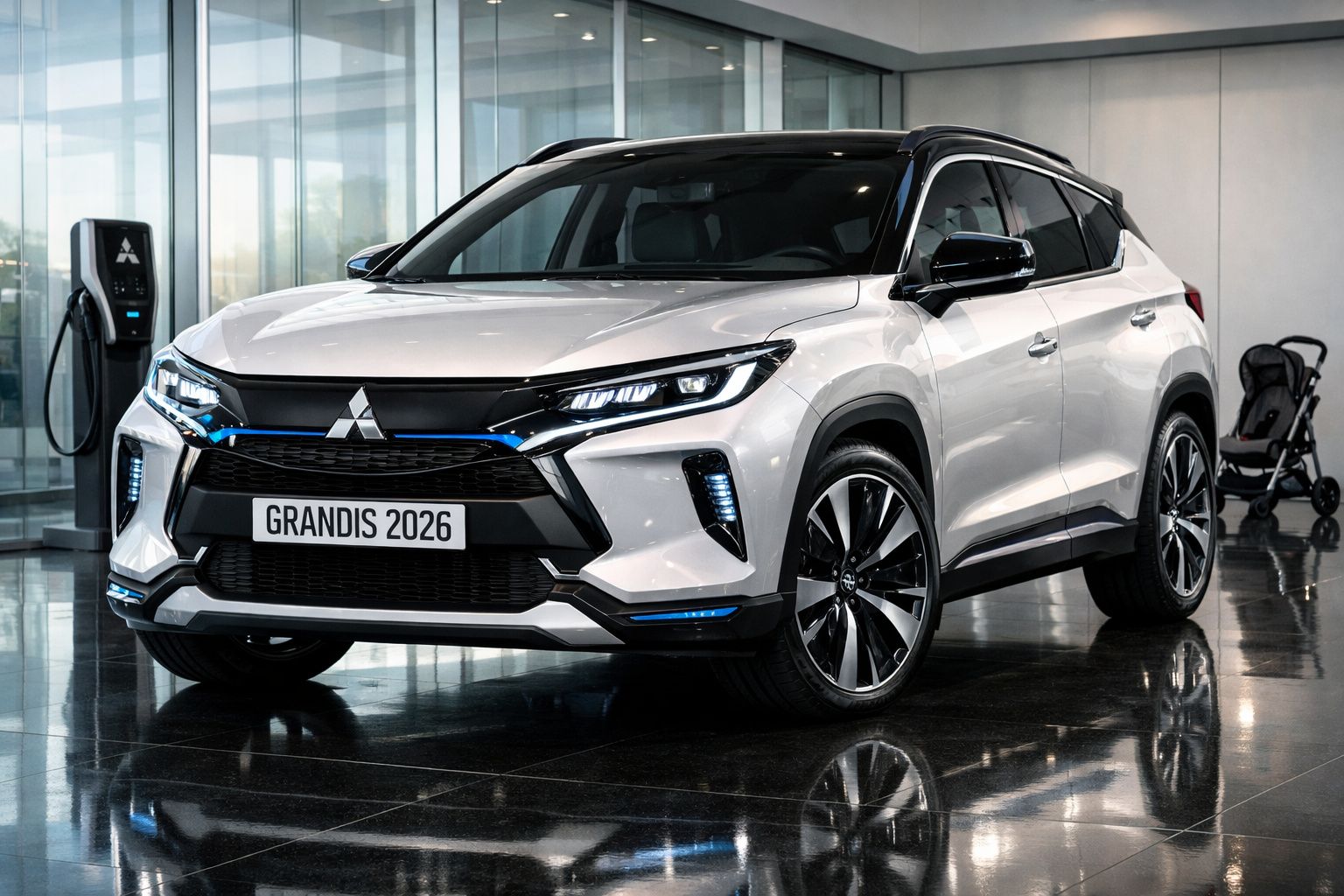 Carro SUV Mitsubishi Grandis 2026 branco com detalhes pretos e azuis, estacionado em showroom moderno.