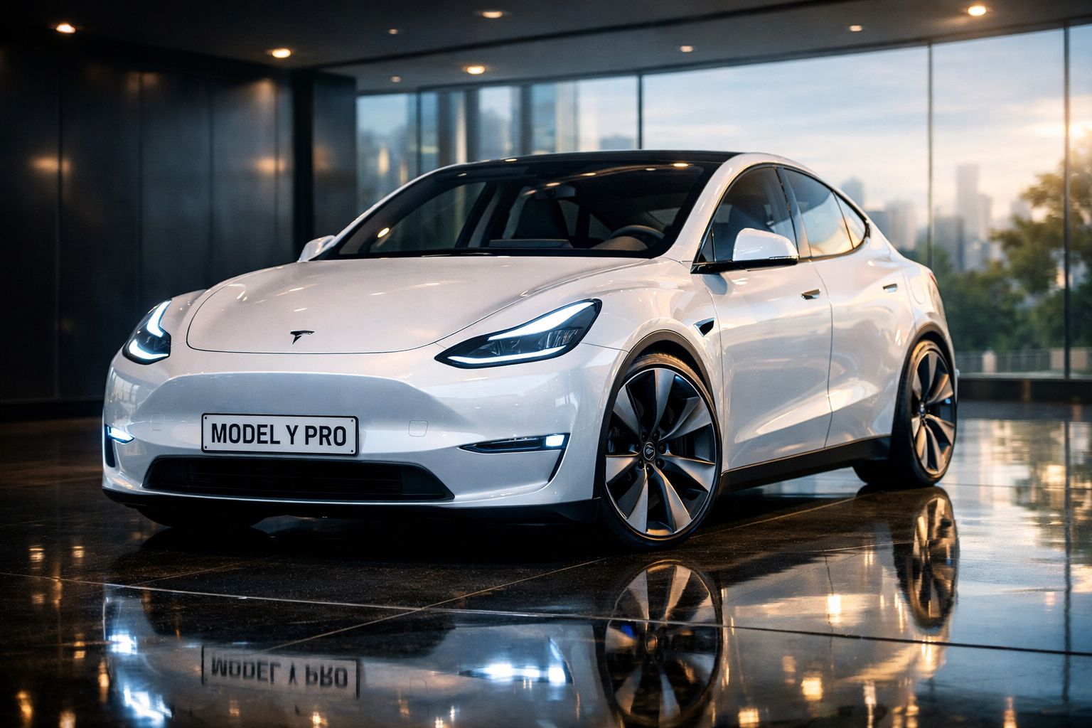 Carro elétrico branco Tesla Model Y Pro estacionado em espaço moderno com piso refletor e luz natural.