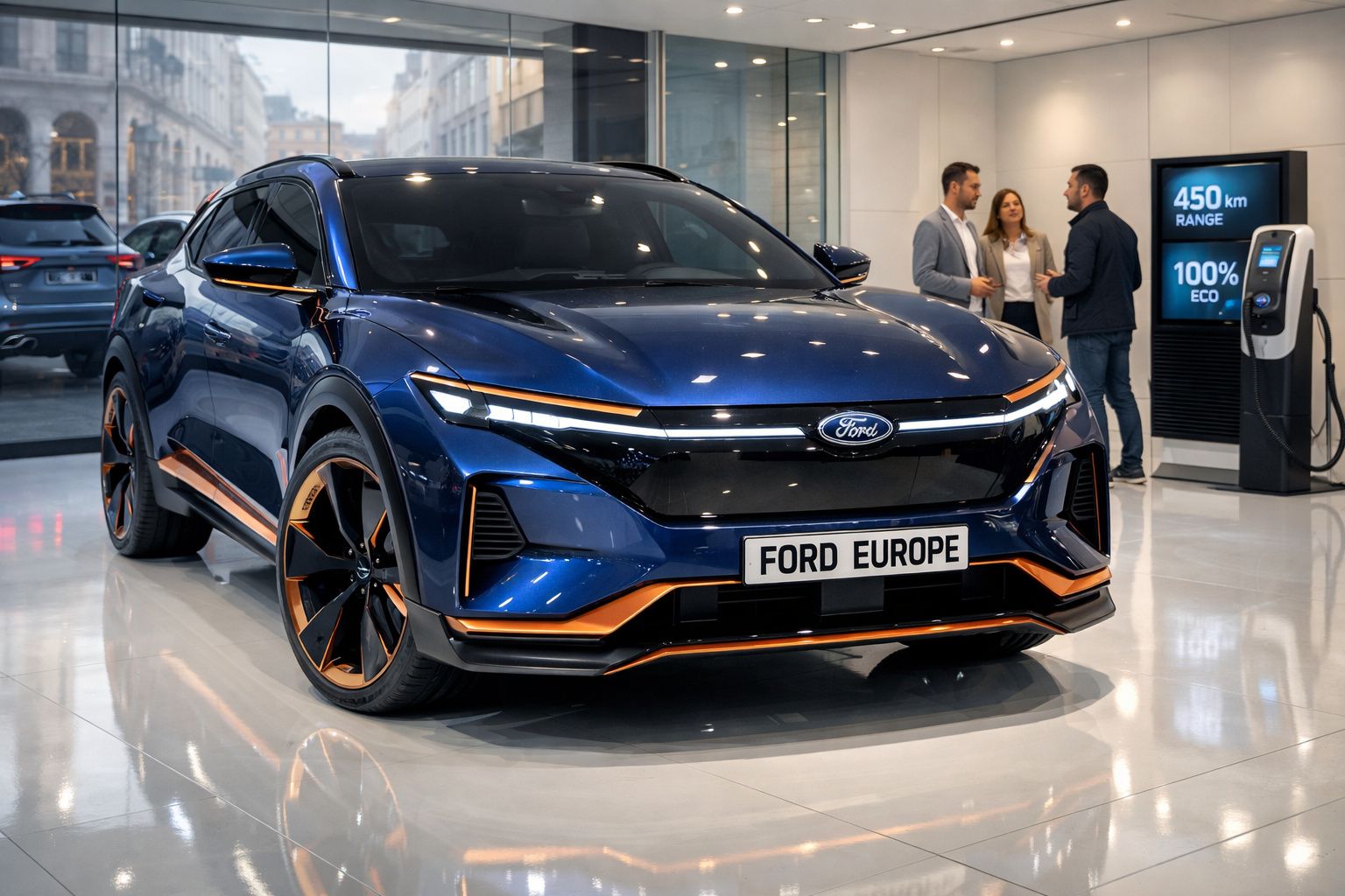 Carro elétrico azul Ford Mustang Mach-E exibido numa exposição com três pessoas ao fundo.