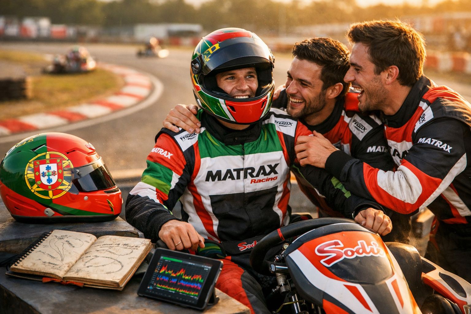 Três pilotos de kart vestindo fatos de corrida comemoram numa pista com capacetes e notas ao lado.