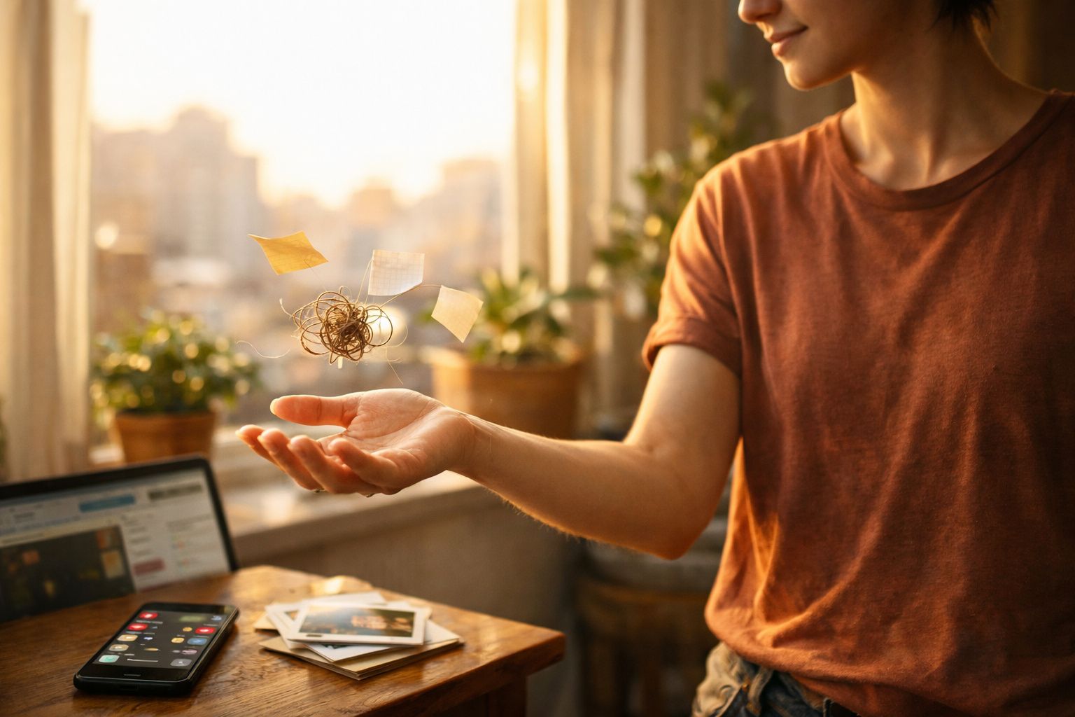 Pessoa a segurar mãos abertas com notas e fios flutuando num ambiente de escritório iluminado pelo sol.