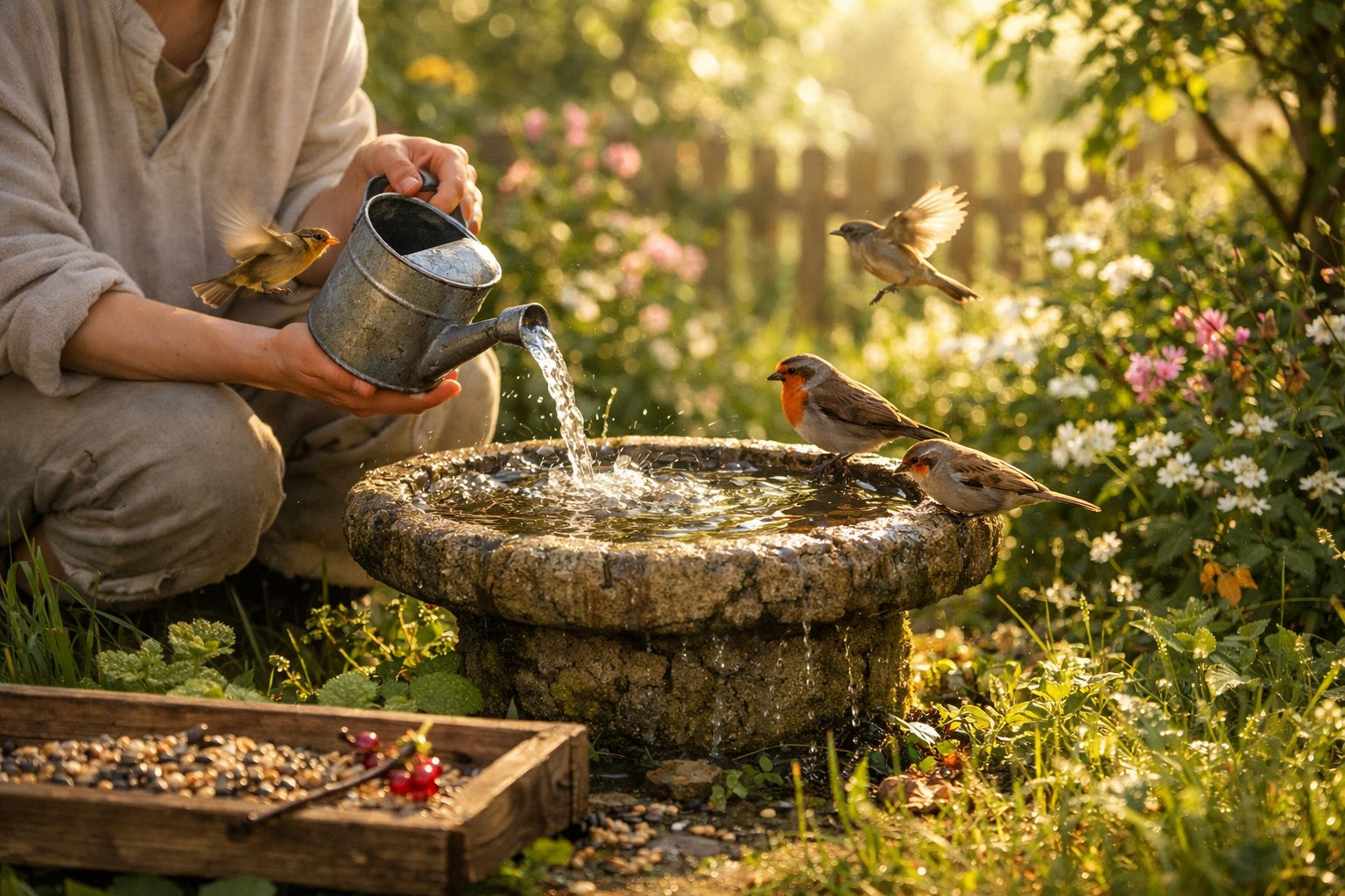 Pessoa a deitar água numa pequena fonte de pedra enquanto pássaros pousam e voam ao redor num jardim florido.