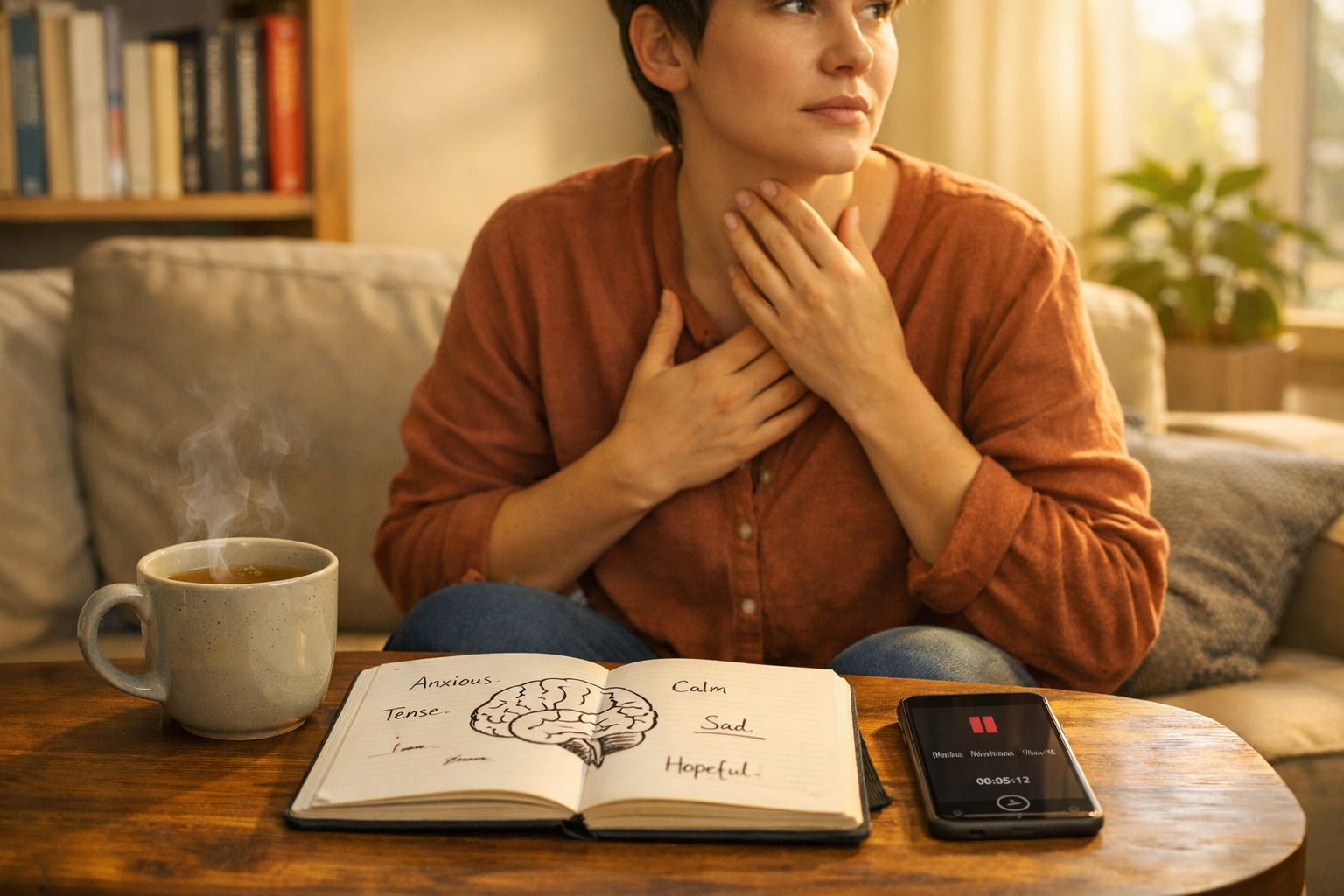 Pessoa com as mãos na garganta sentada à mesa com livro de cérebro e emoções, chá quente e telemóvel.