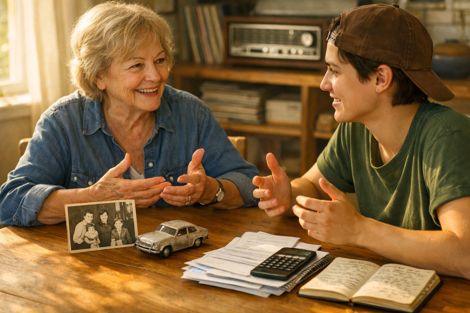 Senhora idosa e jovem conversam animadamente à mesa com fotos, brinquedo e contas espalhadas.