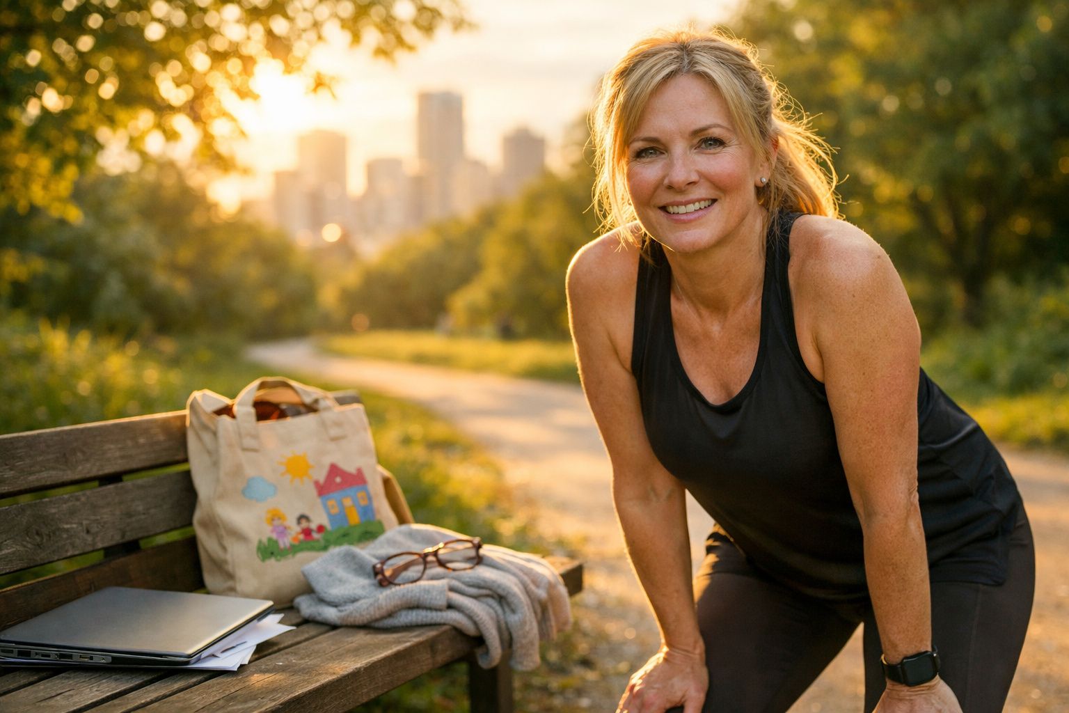 Mulher sorridente com roupa desportiva a descansar num banco de parque ao pôr do sol.