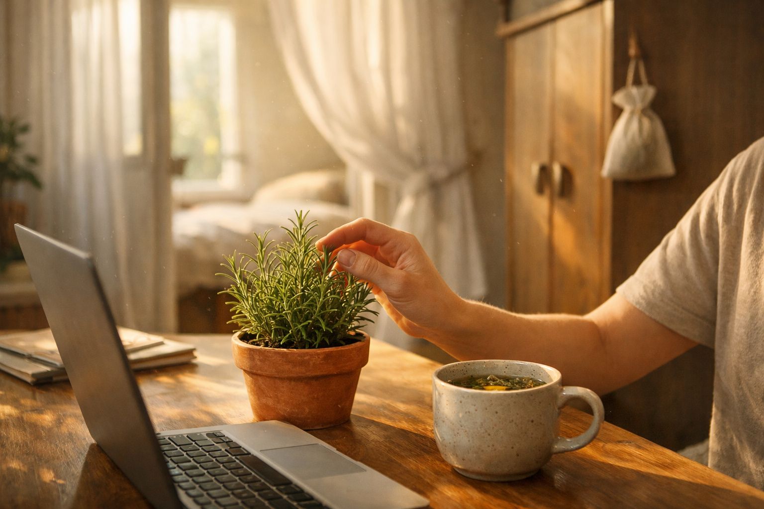 Pessoa a cuidar de planta numa jarra de barro junto a um computador portátil e uma chávena de chá numa mesa de madeira.