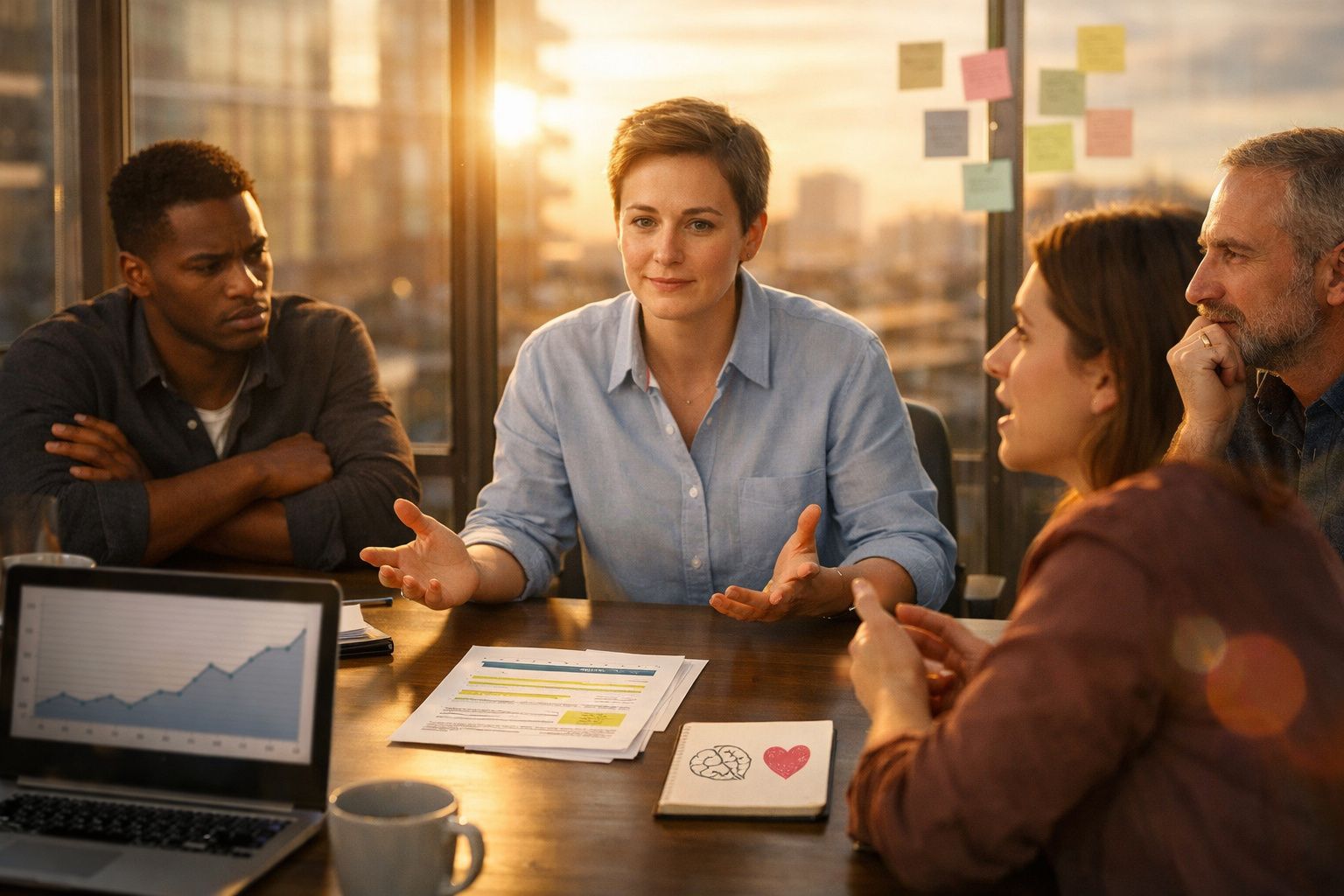Quatro pessoas discutem dados numa reunião de trabalho com gráficos e notas numa mesa iluminada ao pôr do sol.