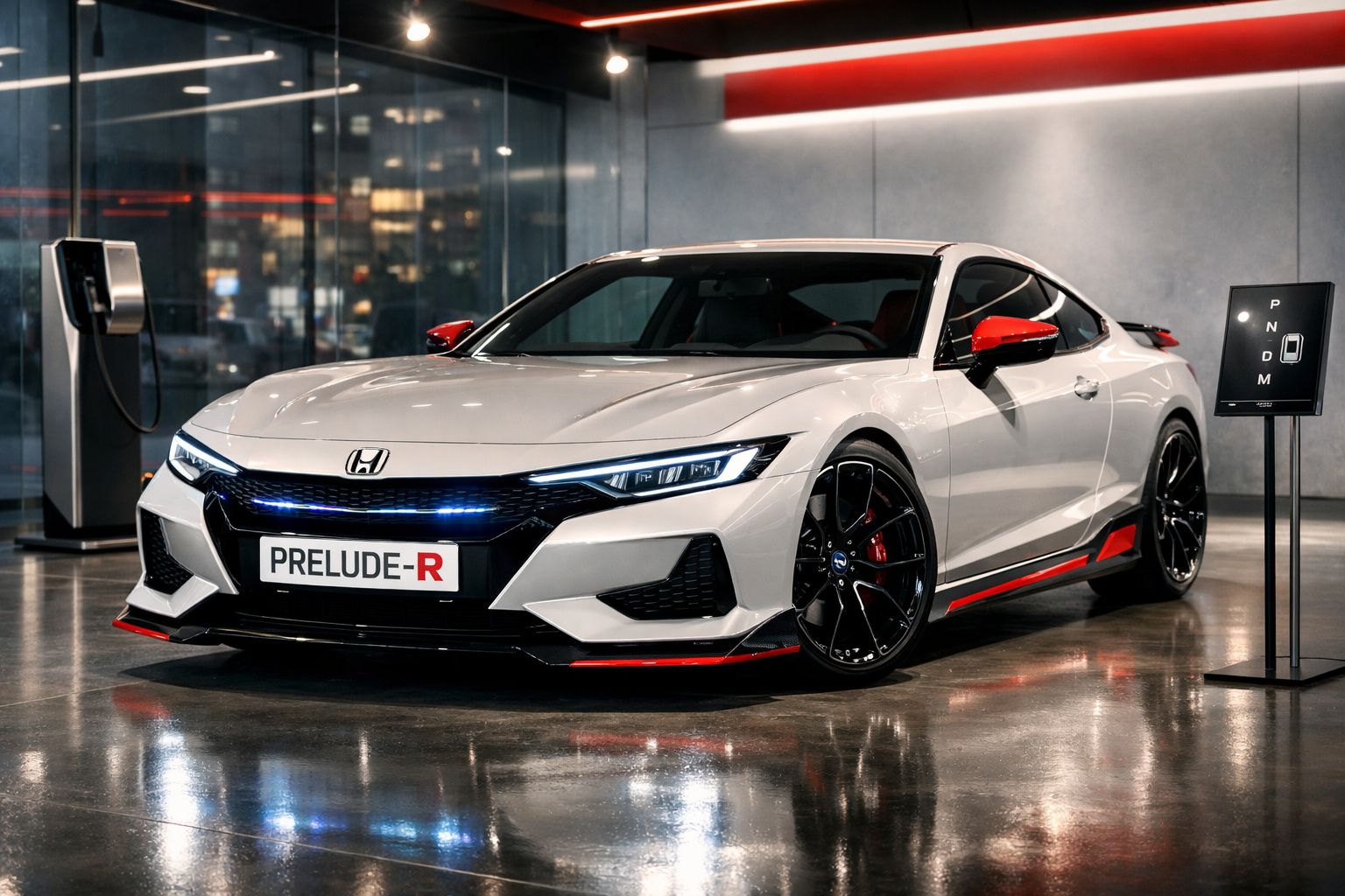 Carro desportivo Honda Prelude-R branco com detalhes vermelhos estacionado em garagem moderna.