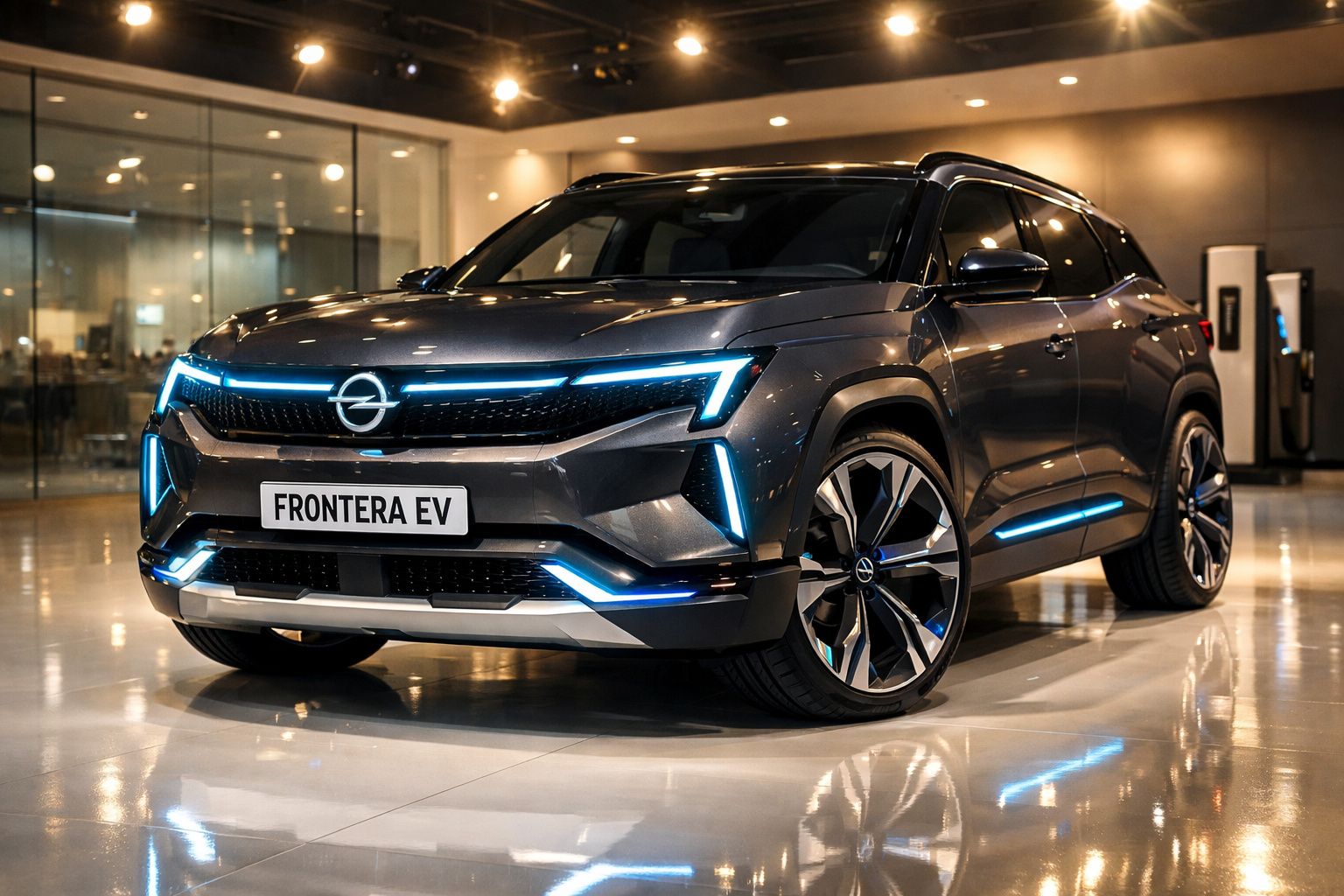 Carro elétrico Opel Frontera EV cinza com luzes LED azuis exposto em ambiente moderno e iluminado.
