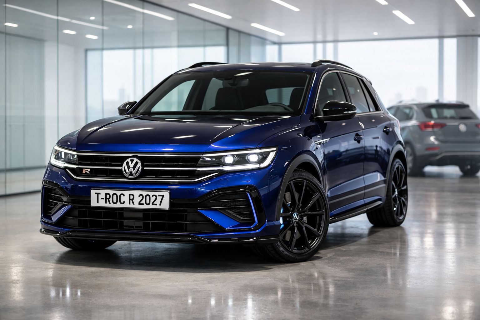 Automóvel SUV Volkswagen T-Roc R 2027 azul metálico estacionado em garagem moderna.