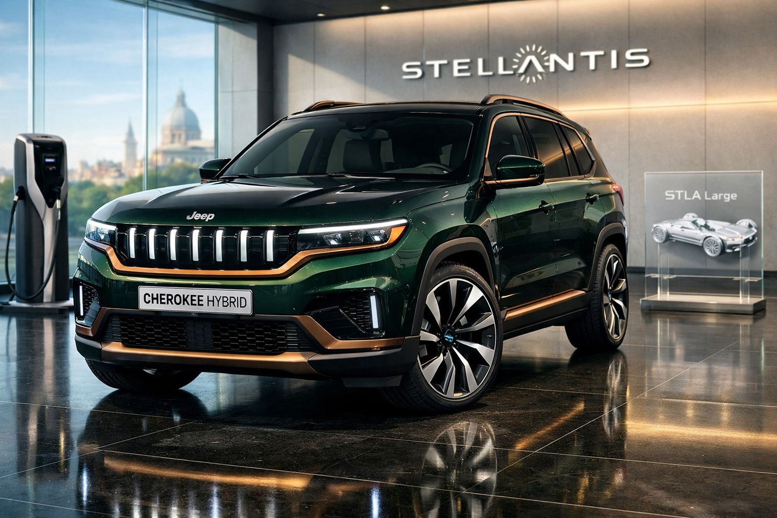 Carro SUV Jeep Cherokee Hybrid verde escuro exposto numa garagem moderna com carregador elétrico e logo Stellantis.
